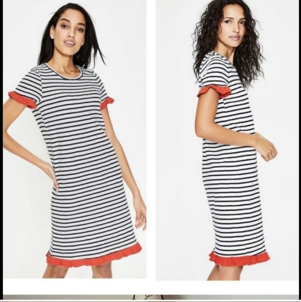 Boden Emily Stripe Ruffle Hem Knit Shift Dress Short Sleeve White Blue